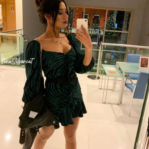 BLOGGER'S FAVE! Zara Ruched Mini Print Dress Green/Black NWT - Picture 6 of 16